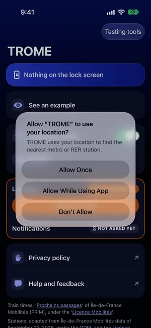 The iPhone asks: Allow TROME to use your location? The buttons are Allow Once, Allow While Using App, and Don't Allow.