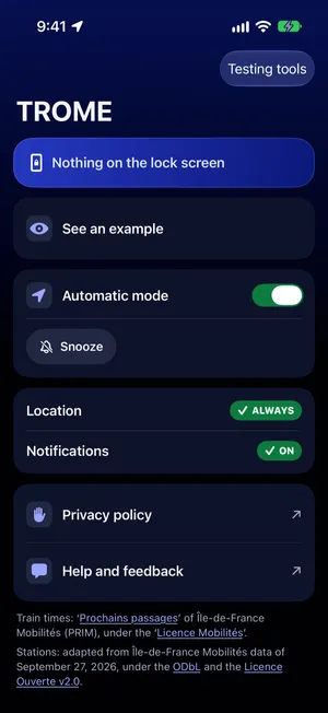 The main screen of the app: the plate Nothing on the lock screen, the See an example row, the Automatic mode with its Snooze button, the Location and Notifications rows with green pills, and the Privacy policy and Help and feedback rows.