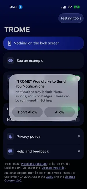 The iPhone asks: TROME would like to send you notifications. The buttons are Don't Allow and Allow.