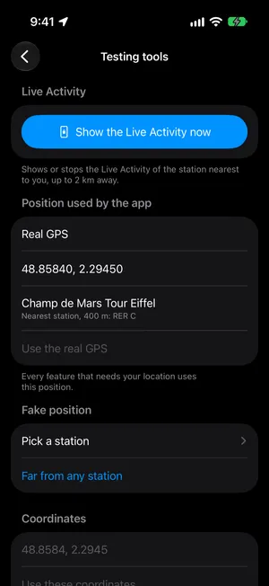 The Testing tools screen: the button Show the Live Activity now, the position used by the app, the button Use the real GPS, and the fake position choices.