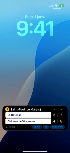 L’activité en direct de TROME sur l’écran verrouillé, à Saint-Paul (Le Marais), ligne 1 du métro : prochains trains vers La Défense dans 3 et 7 minutes, et vers Château de Vincennes dans 4 et 8 minutes, au-dessus des boutons Pause 30 min, 1 h et Aujourd’hui.