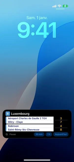 L’activité en direct de TROME sur l’écran verrouillé, à Luxembourg, RER B : prochains trains vers Aéroport Charles de Gaulle 2 TGV dans 3 minutes et Mitry - Claye dans 7 minutes ; dans l’autre sens, vers Robinson dans 4 minutes et Saint-Rémy-lès-Chevreuse dans 8 minutes.